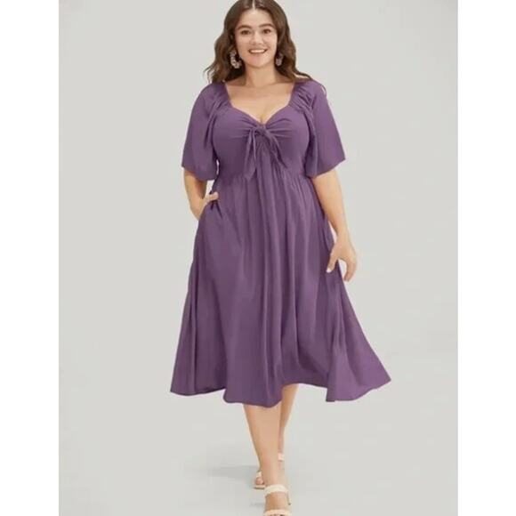BloomChic Dresses & Skirts - BloomChic Womens 6X 30 V Neck Ruched Knot Midi Dress Pocket Ruffle Hem NWT